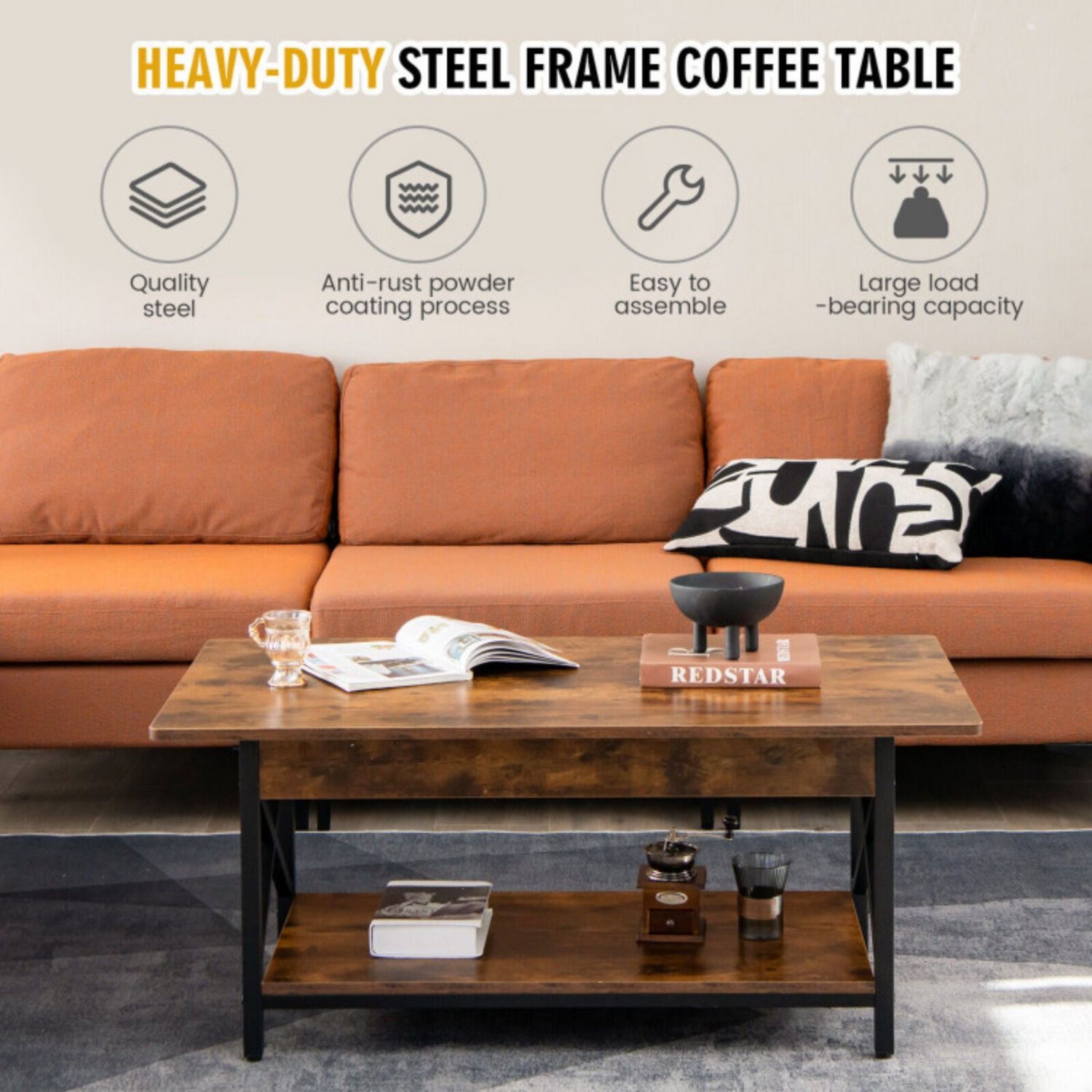 SUGIFT 2-Tier Industrial Rectangular Coffee Table with Storage Shelf-Rustic Brown