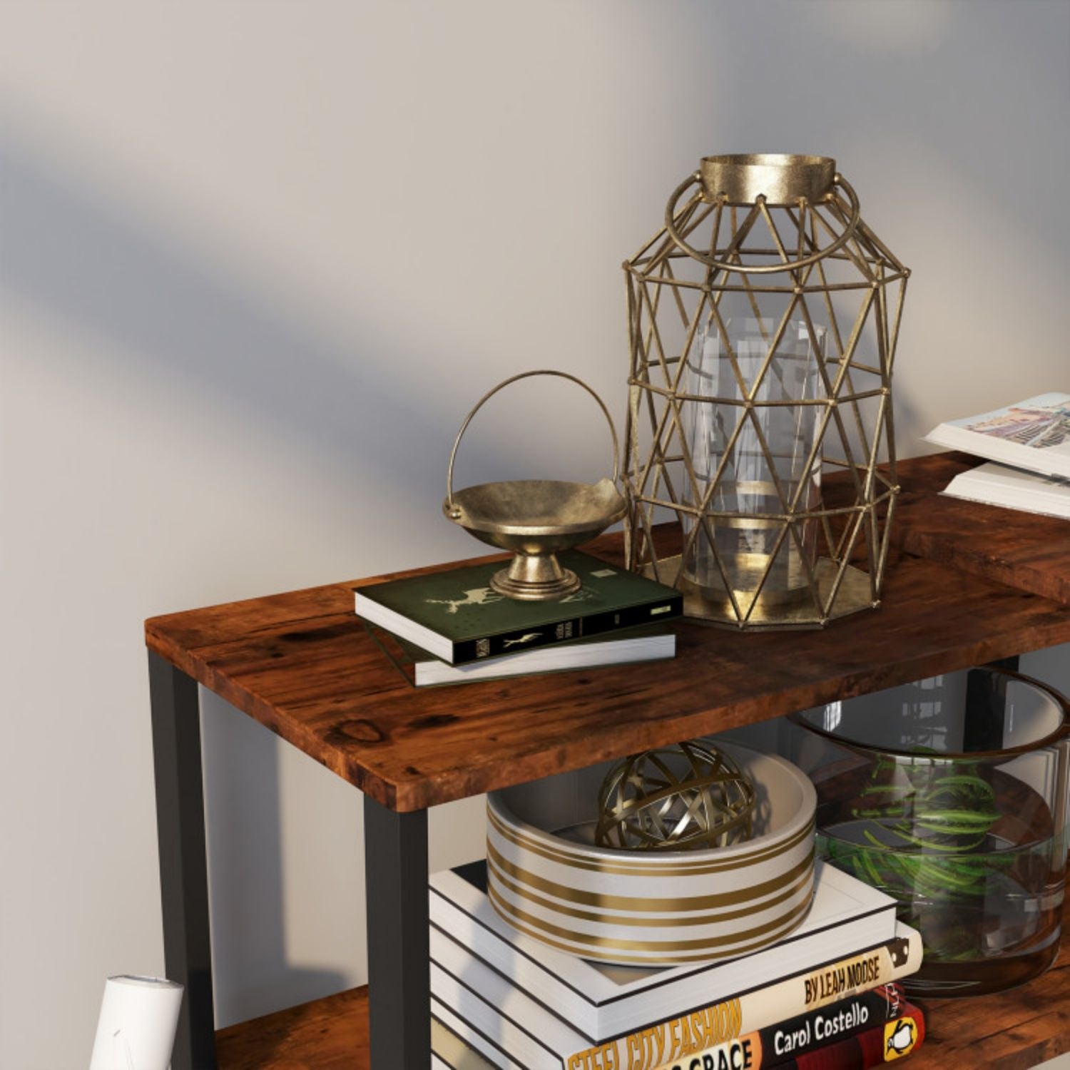 SUGIFT 360¡ã Rotating Sofa Side Table with Storage Shelves and Wheels-Rustic Brown