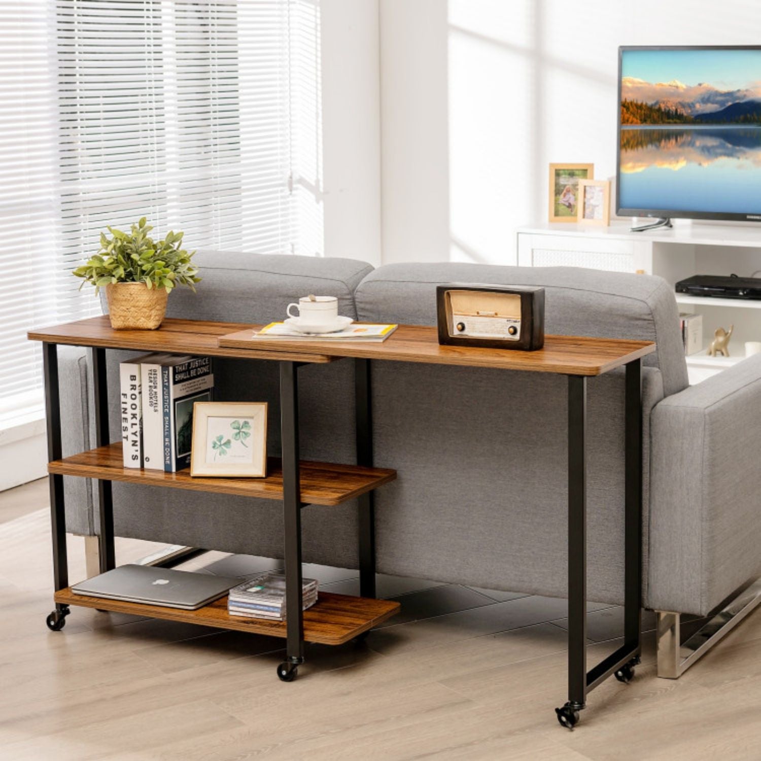 SUGIFT 360¡ã Rotating Sofa Side Table with Storage Shelves and Wheels-Brown