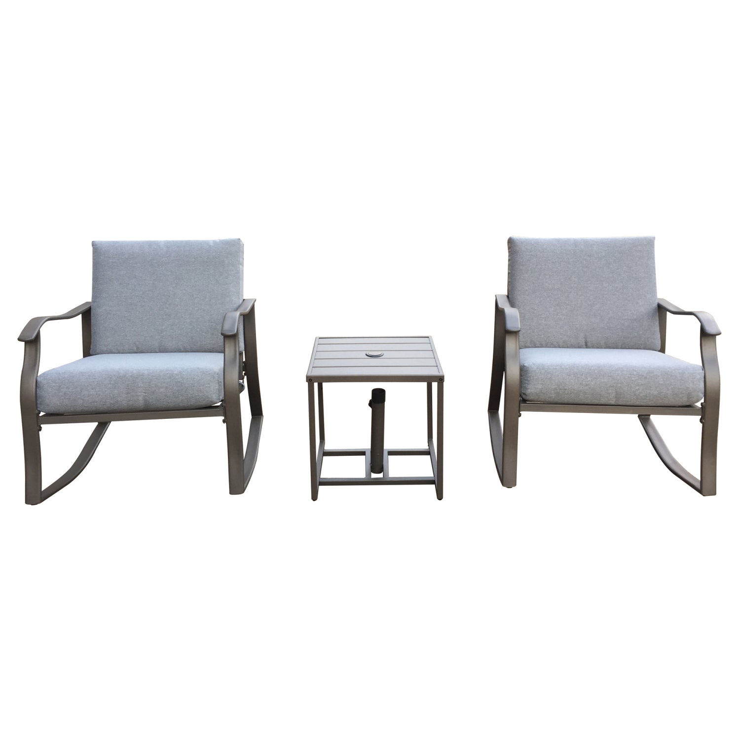 SUGIFT Outdoor Porch Rocking Chair Set for Patio, Tempered Glass Top Coffee Table,Porch w/ Steel Frame, Weather-Resistant Cushions-Gray
