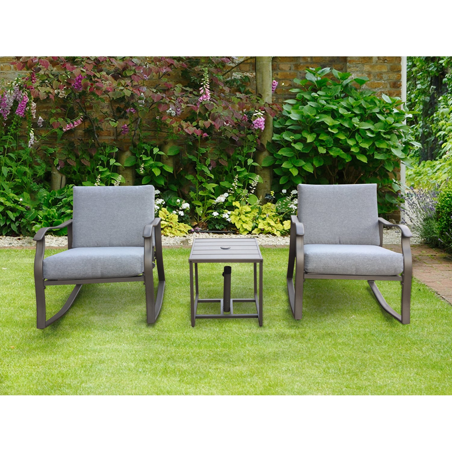 SUGIFT Outdoor Porch Rocking Chair Set for Patio, Tempered Glass Top Coffee Table,Porch w/ Steel Frame, Weather-Resistant Cushions-Gray