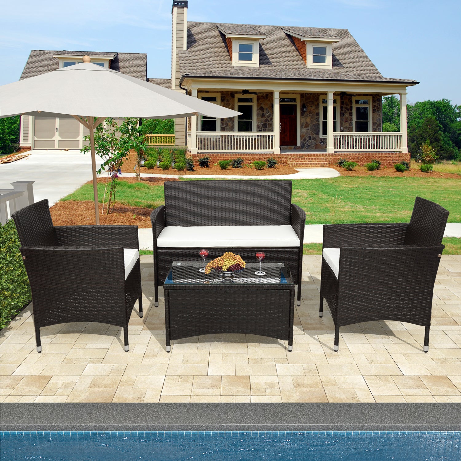 SUGIFT 4 Pieces Patio Furniture Set Sofa Coffee Table Garden Deck, Rattan Sofa Seating Group with Cushions,Beige