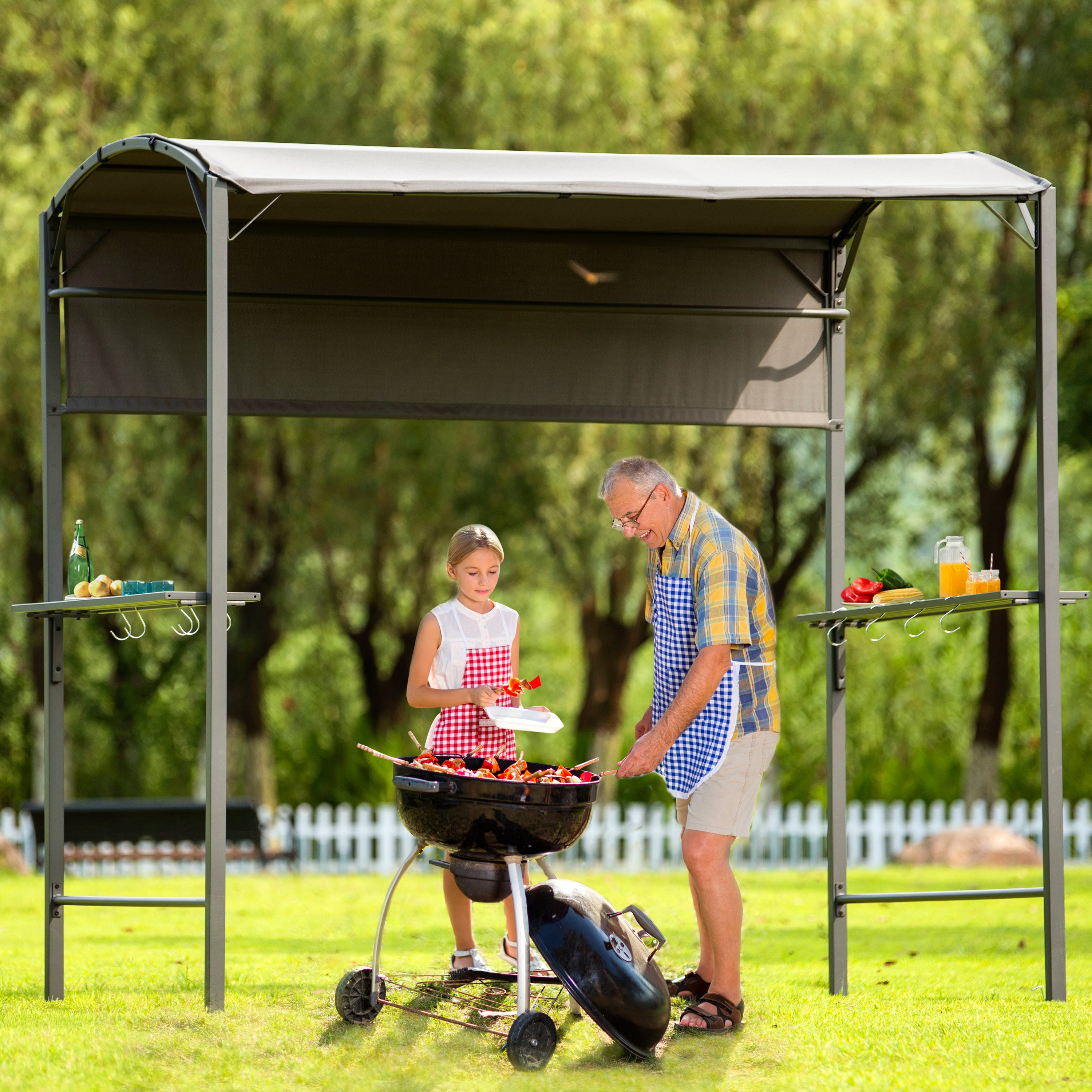 SUGIFT 7 ft Outdoor Grill Gazebo BBQ Canopy with Side Awning in Gray