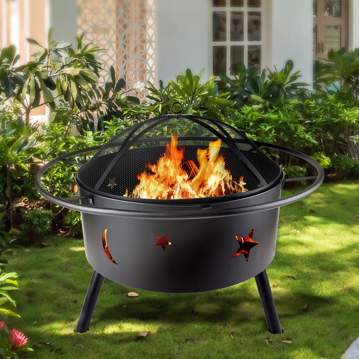 32 in. x 26 in. Round Metal Wood Burning Fire Pit with Cooking Grill and Spark Screen