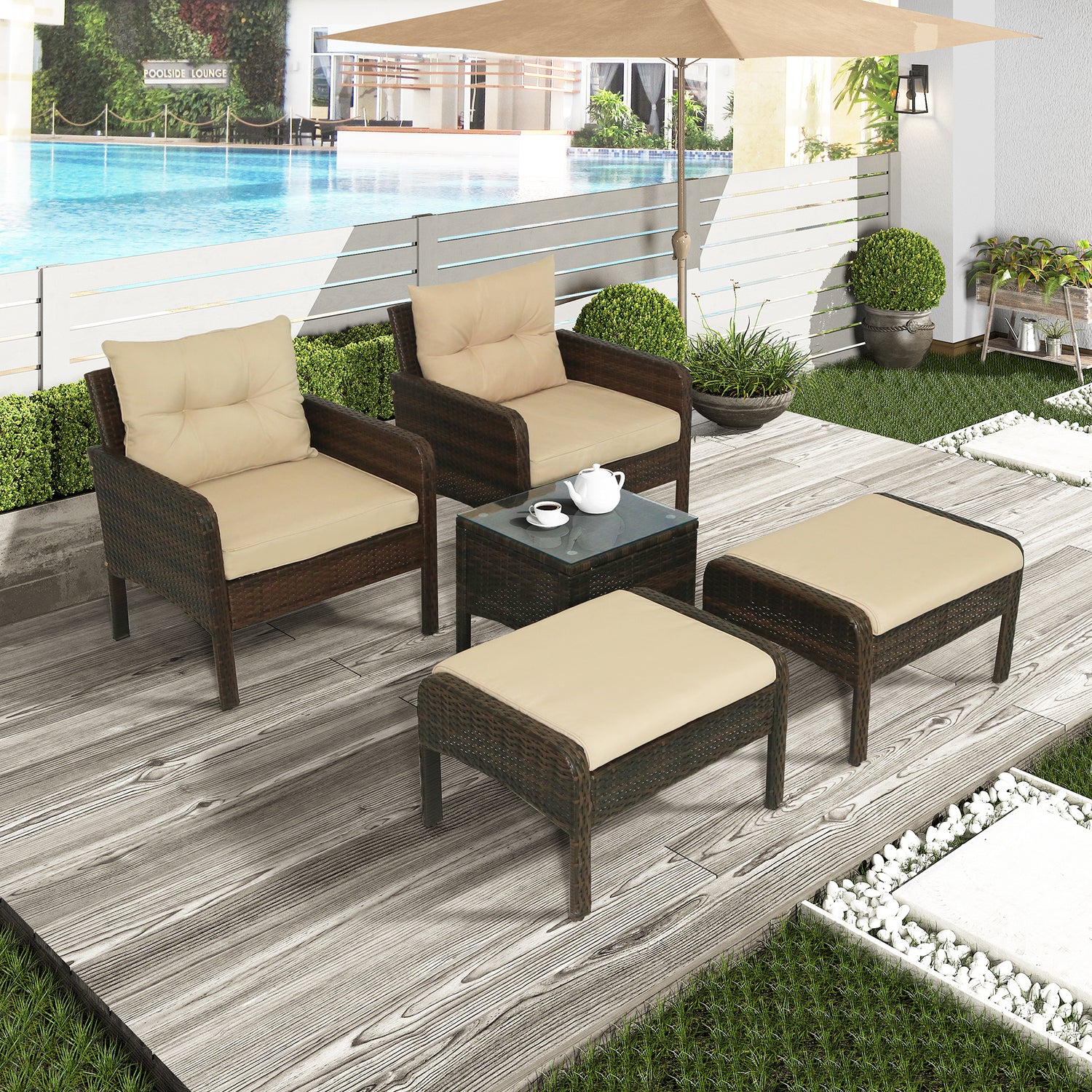 SUGIFT 5-Pieces Outdoor Rattan Wicker Conversation Patio Furniture Set with Ottoman and Coffee Table, Brown
