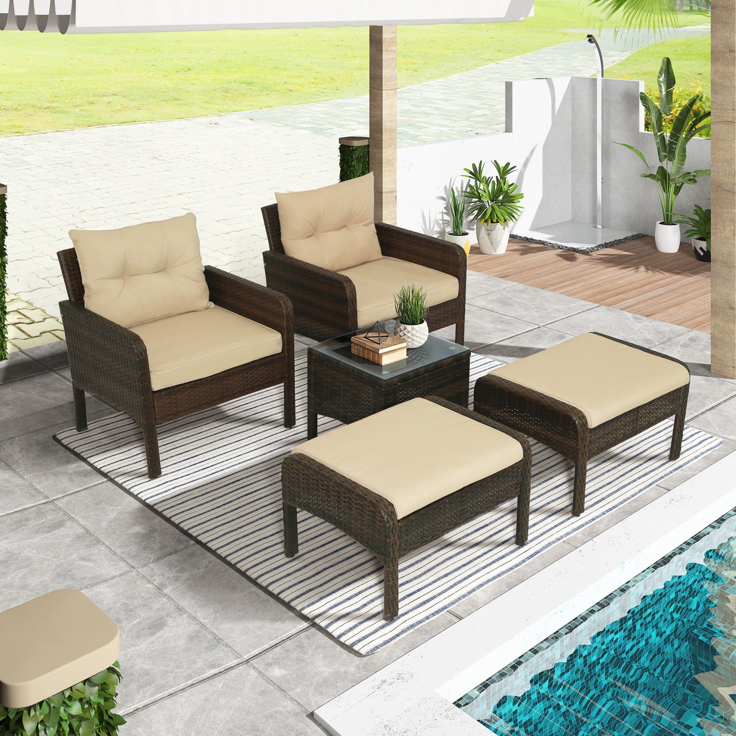 SUGIFT 5-Pieces Outdoor Rattan Wicker Conversation Patio Furniture Set with Ottoman and Coffee Table, Brown