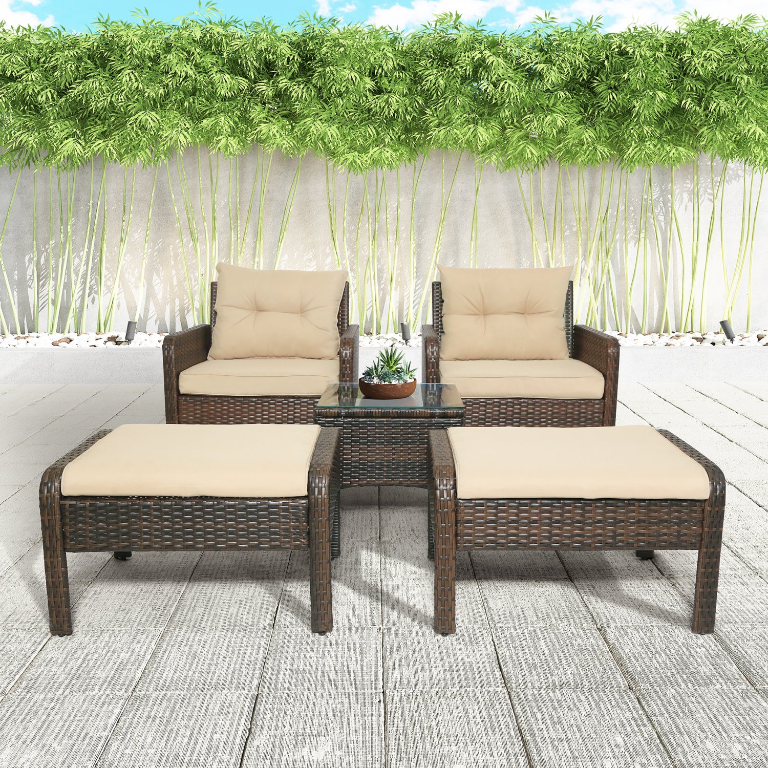 SUGIFT 5-Pieces Outdoor Rattan Wicker Conversation Patio Furniture Set with Ottoman and Coffee Table, Brown