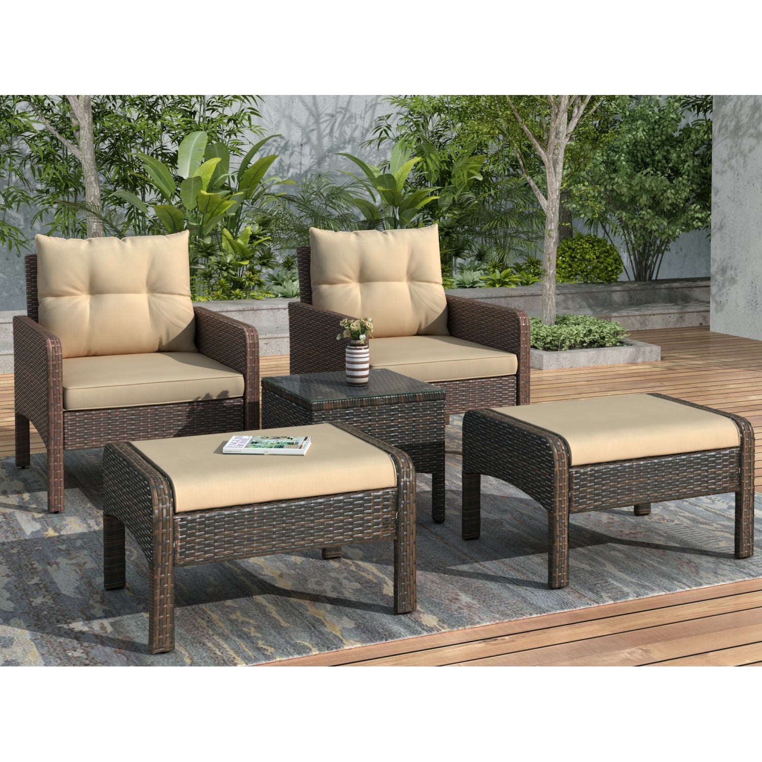 SUGIFT 5-Pieces Outdoor Rattan Wicker Conversation Patio Furniture Set with Ottoman and Coffee Table, Brown