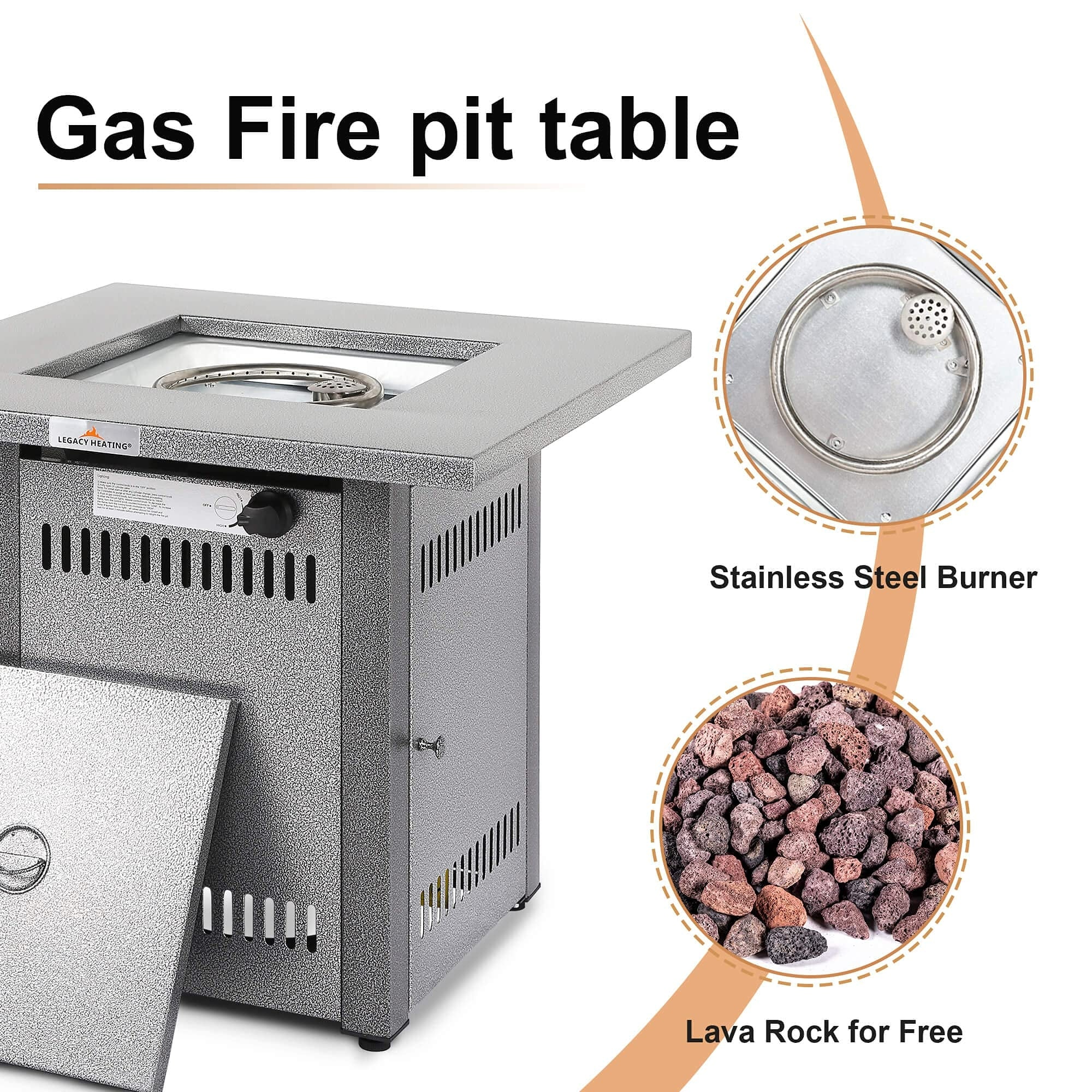 28 in. 50,000BTU Metal Fire Pit Propane Gas Fire Pit Table Rectangular Tabletop