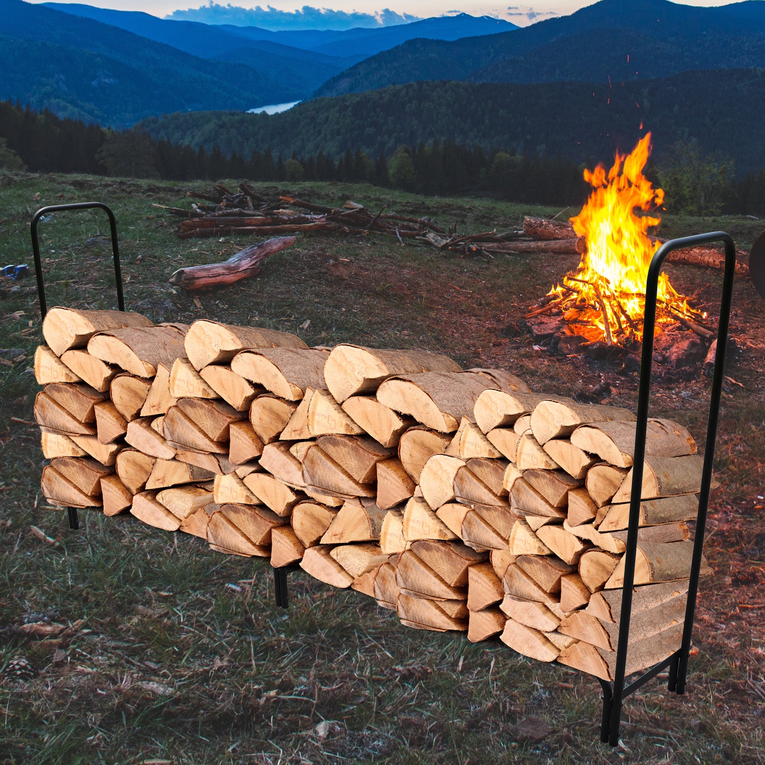 96 in. D x 14 in. H x 48 in. W Firewood Rack with Black Powder-Coated Finish