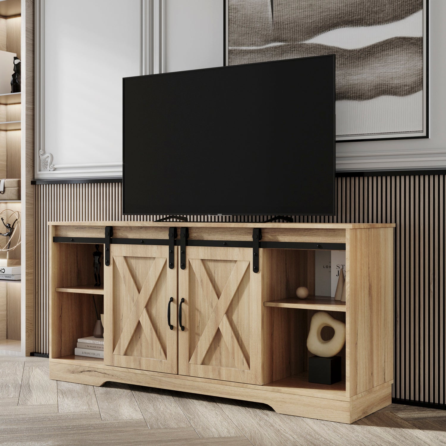 SUGIFT TV Stand Sliding Barn Door Modern&Farmhouse Wood Entertainment Center, Storage Cabinet Table Living Room with Adjustable Shelves for TVs Up to 65", Rustic Oak