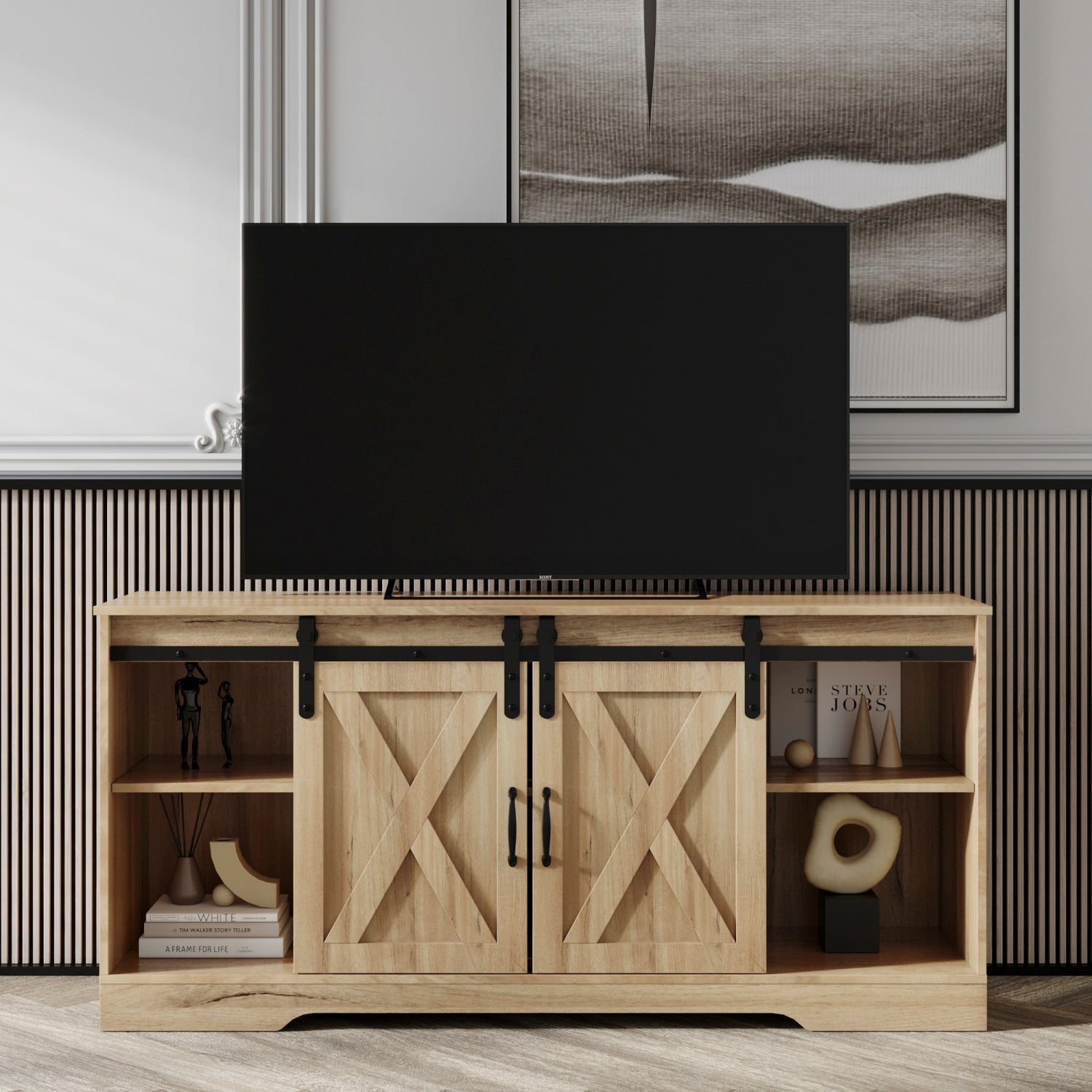SUGIFT TV Stand Sliding Barn Door Modern&Farmhouse Wood Entertainment Center, Storage Cabinet Table Living Room with Adjustable Shelves for TVs Up to 65", Rustic Oak
