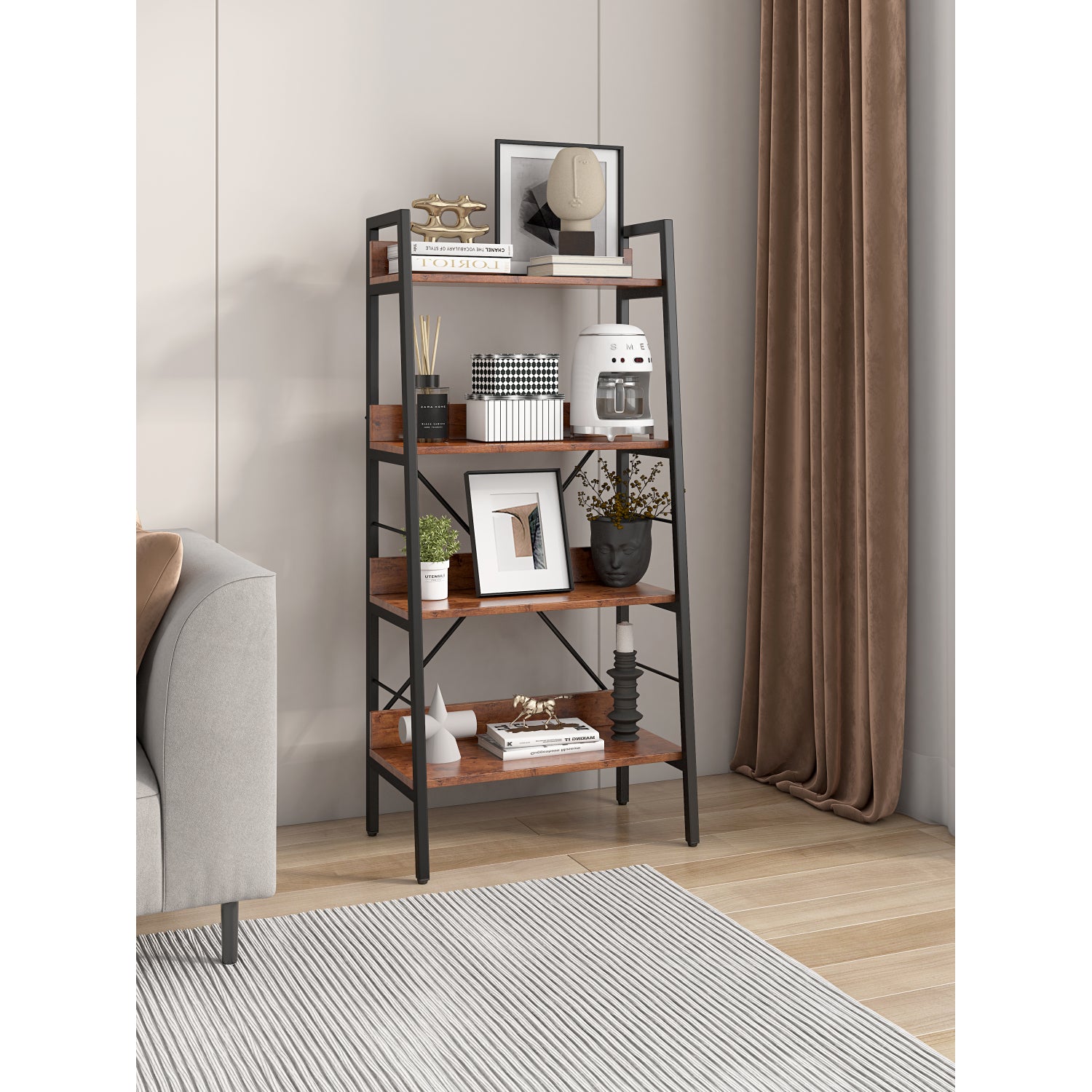 SUGIFT 4 Tier H Ladder Bookcase Industrial Style Bookshelf Bookshelves with Metal Frames Storage Display Rack Book Shelves and Bookcases for Living Room Office, Brown