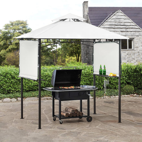 SUGIFT 13Ft.Lx4.5Ft.W Iron Double Tiered Backyard Patio BBQ Grill Gazebo with Bar Counters&Extendable Shades, White