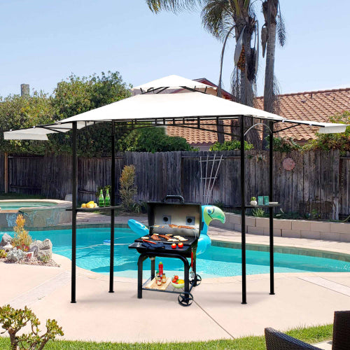 SUGIFT 13Ft.Lx4.5Ft.W Iron Double Tiered Backyard Patio BBQ Grill Gazebo with Bar Counters&Extendable Shades, White