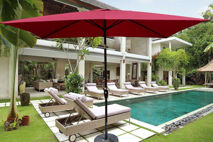 SUGIFT 9' x 6' Rectangular Outdoor Patio Market Umbrella with Crank and Push Button Tilt in Burgundy