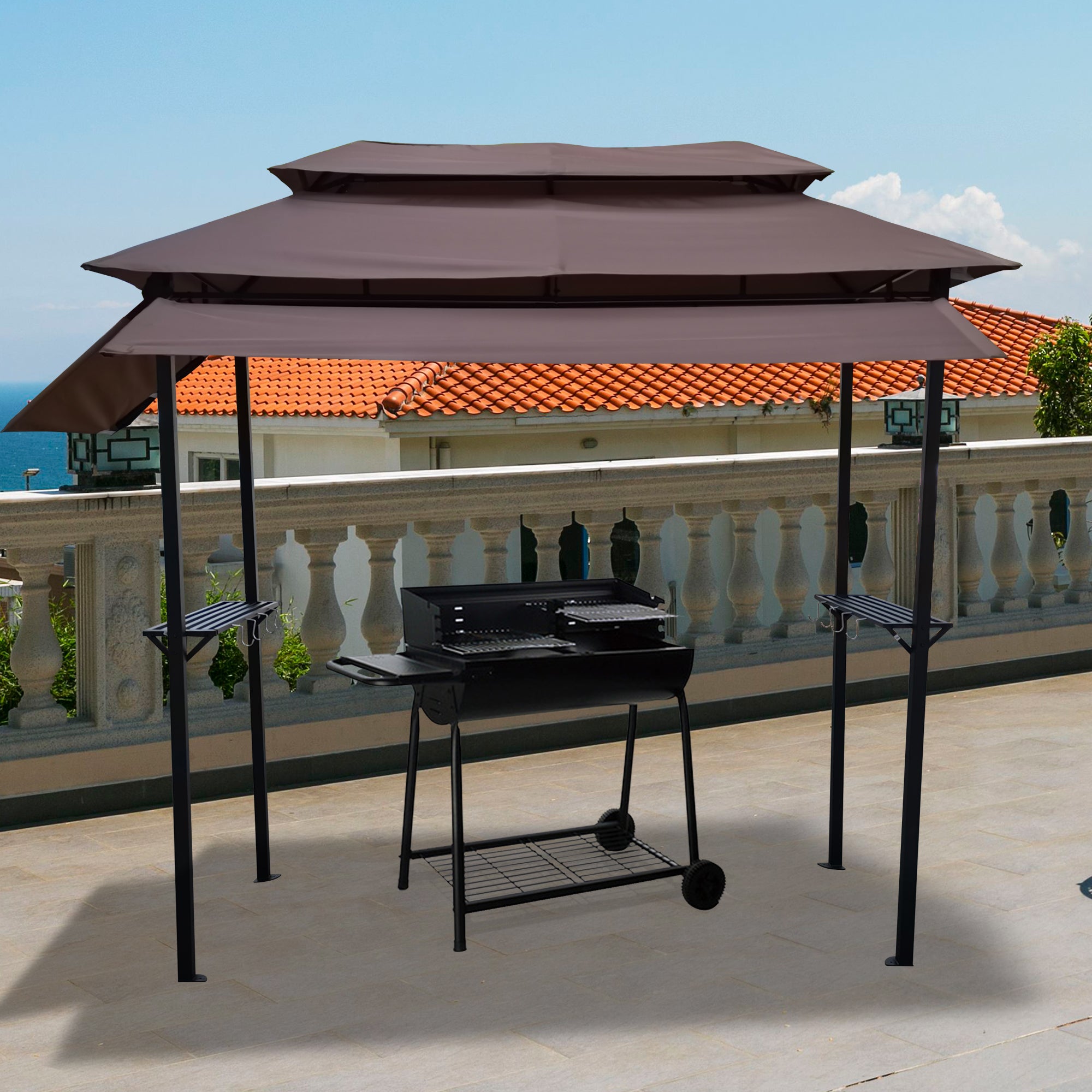 Outdoor Grill Gazebo Shelter Tent with hook and Bar Counters Brown