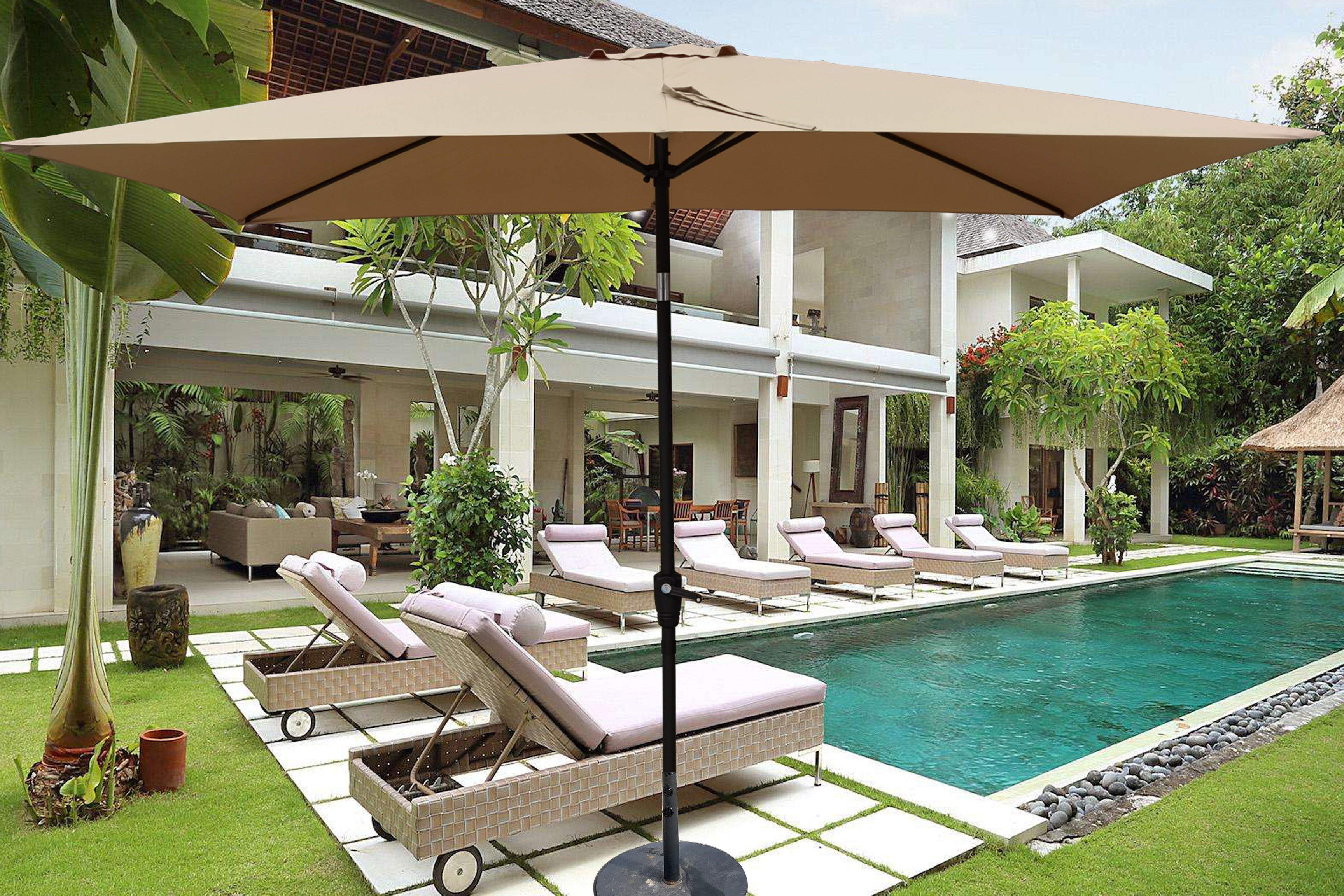 SUGIFT 9' x 6' Rectangular Outdoor Patio Market Umbrella with Crank and Push Button Tilt in Brown