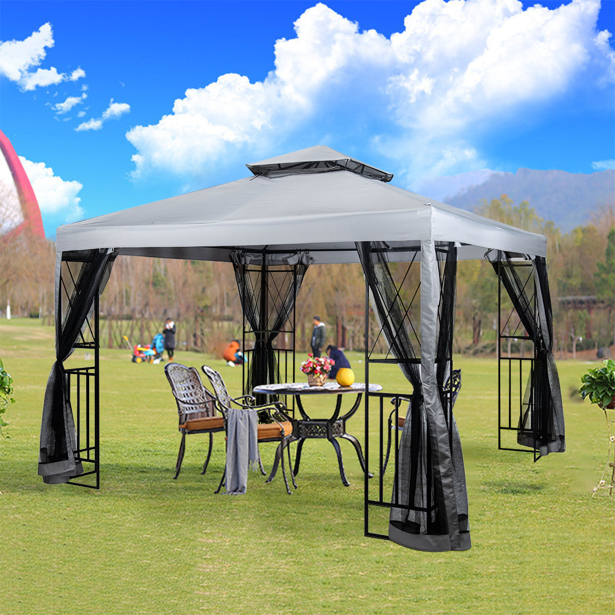 SUGIFT Outdoor Patio Gazebo Canopy with Mesh Netting Sidewalls and Steel Frame - Light Gray