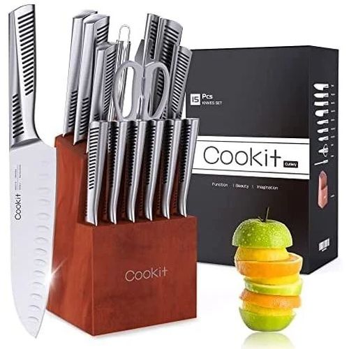 SUGIFT Kitchen Knife Set; 15 Piece Knife Sets with Block Chef Knife Stainless Steel Hollow Handle Cutlery with Manual Sharpener