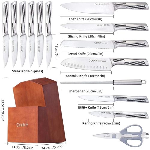 SUGIFT Kitchen Knife Set; 15 Piece Knife Sets with Block Chef Knife Stainless Steel Hollow Handle Cutlery with Manual Sharpener