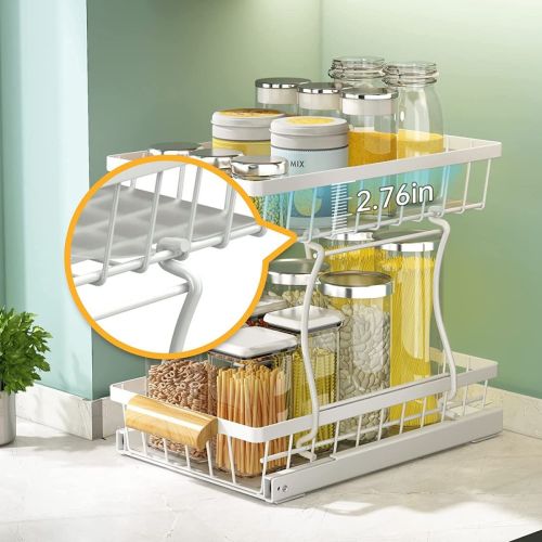 SUGIFT Under the sink Rack 2 Layer Bathroom Kitchen Pull-Out Metal Shelf Organizer White