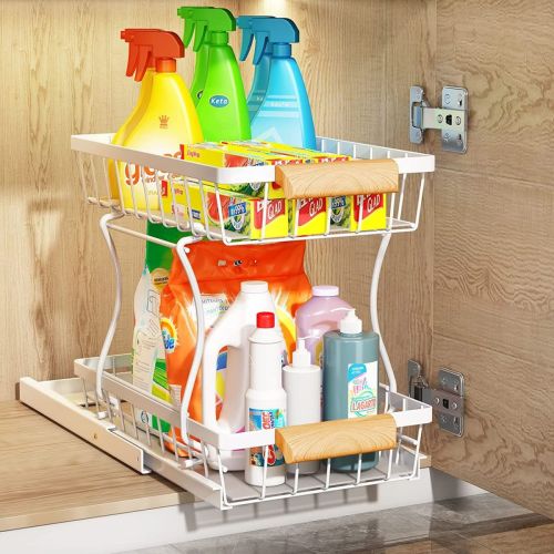 SUGIFT Under the sink Rack 2 Layer Bathroom Kitchen Pull-Out Metal Shelf Organizer White