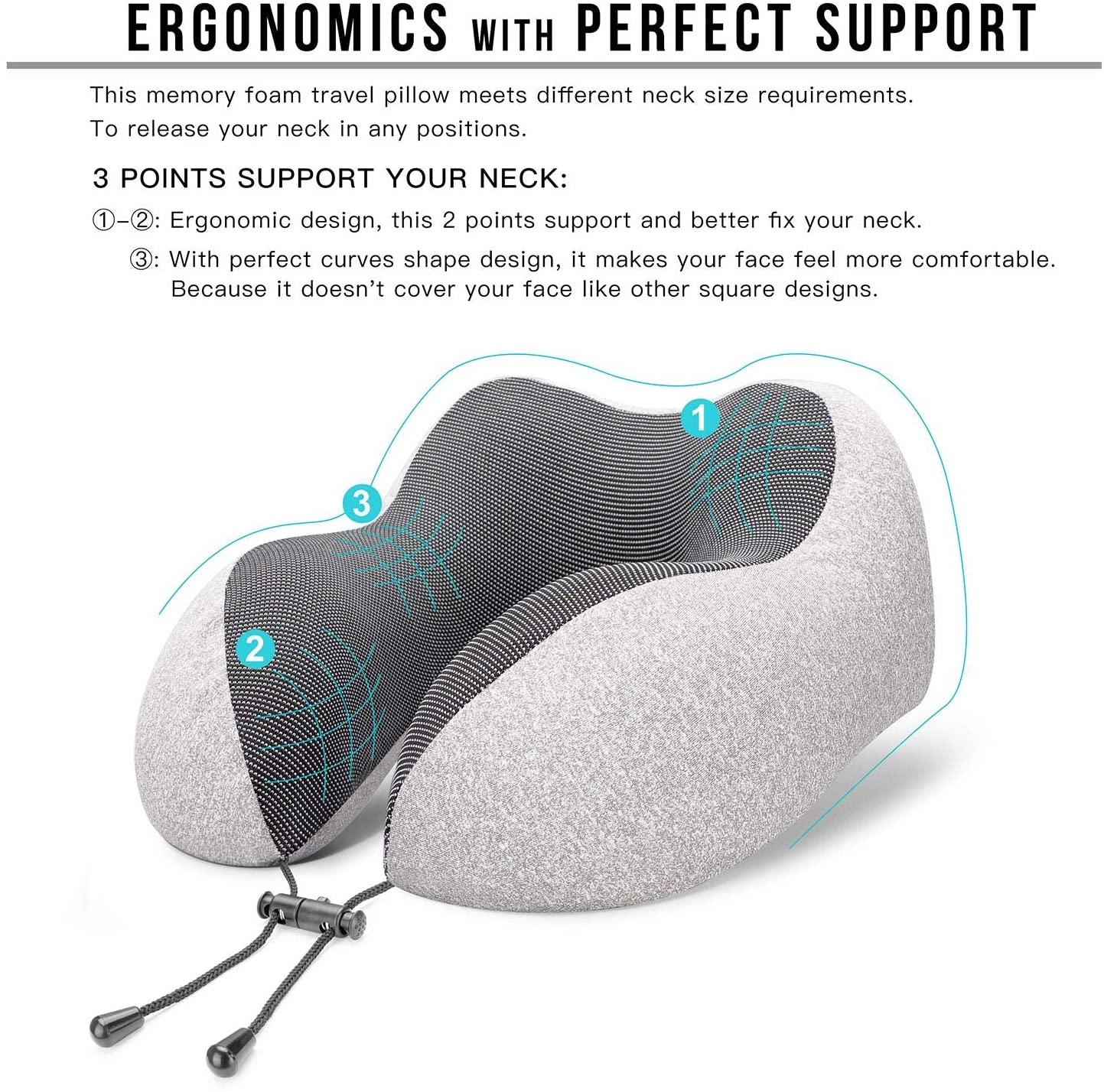 SUGIFT Travel Pillow 100% Pure Memory Foam Neck Pillow, Comfortable & Breathable Cover, Machine Washable, Airplane Travel Kit with 3D Contoured Eye Masks, Earplugs, and Luxury Bag, Standard (Grey)