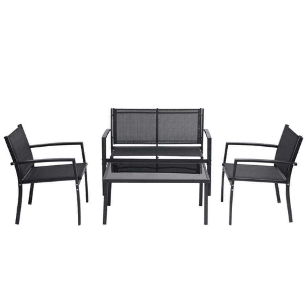 Black 4-Piece Metal Furniture Patio Conversation Set with Glass Top Coffee Table