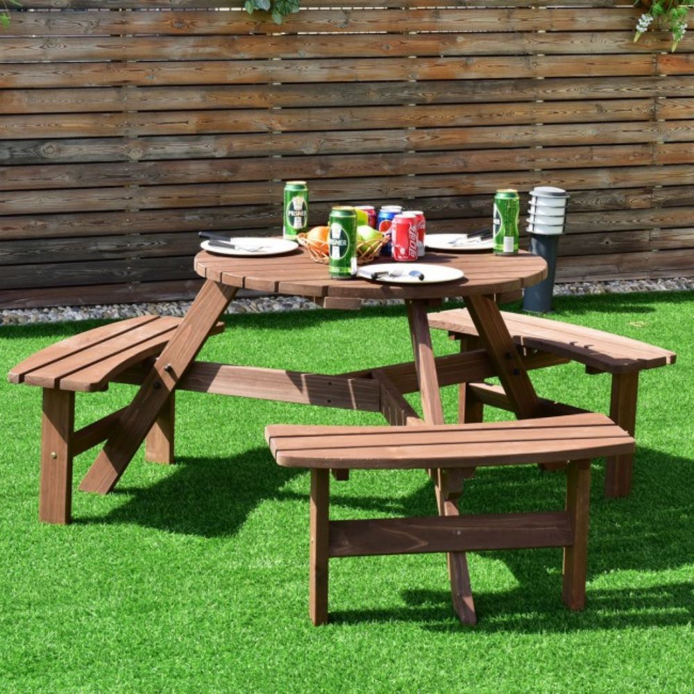 6-Person Patio Wood Picnic Table Beer Bench Set with Umbrella Hole