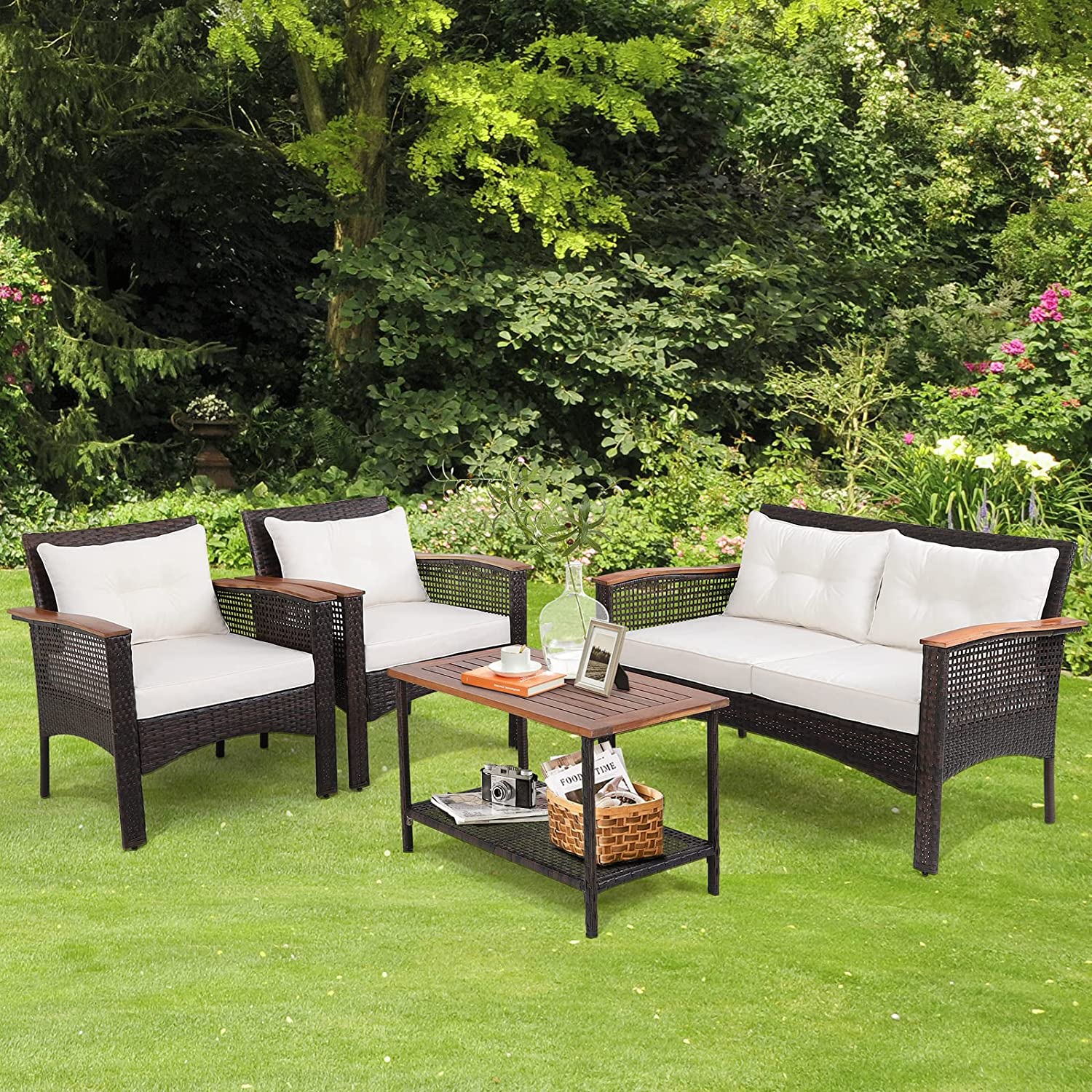 4-Pieces Patio Rattan Acacia Wood Patio Conversation Set with White Cushions