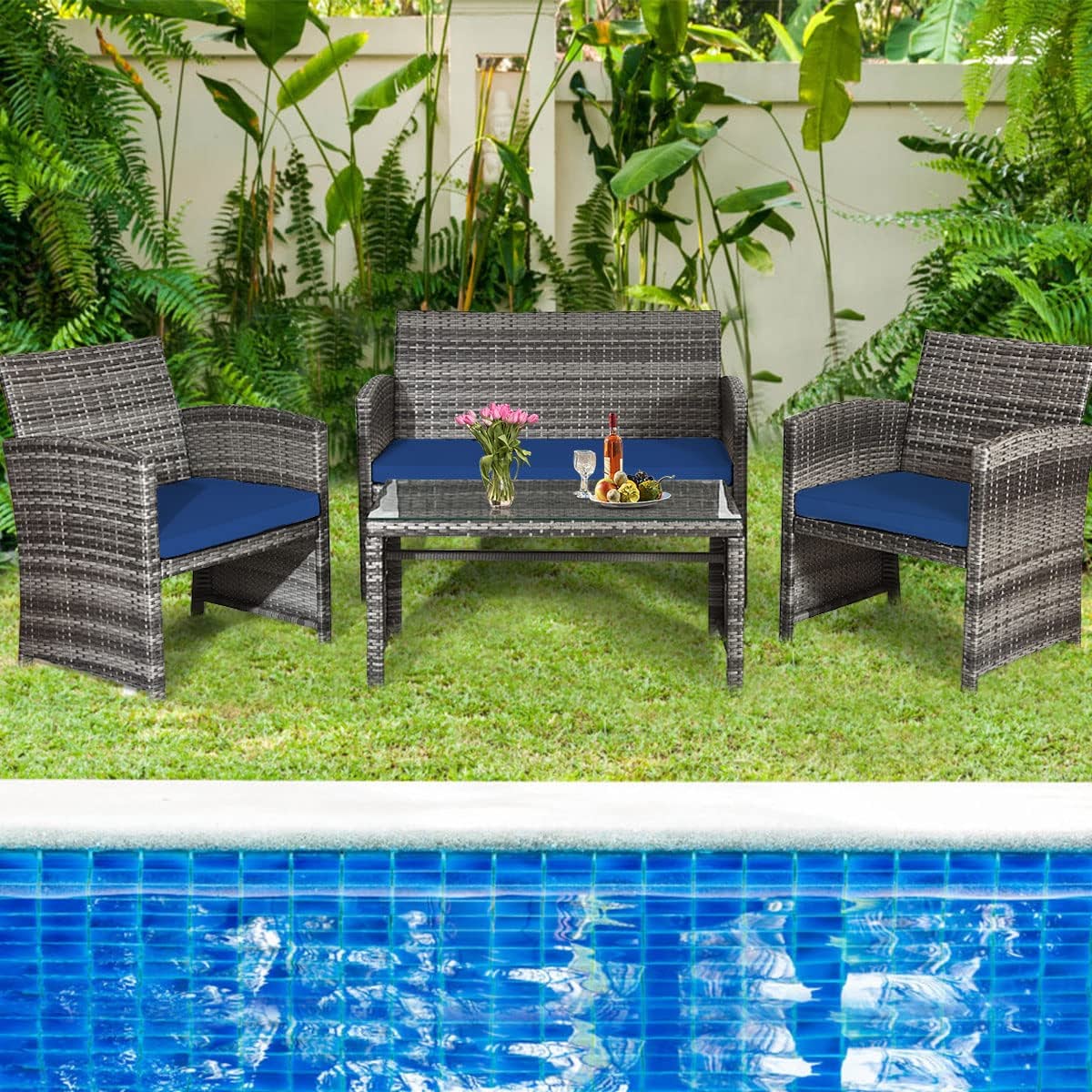 4-Piece Outdoor Wicker Conversation Furniture Set with Navy Cushions and Tempered Glass Table