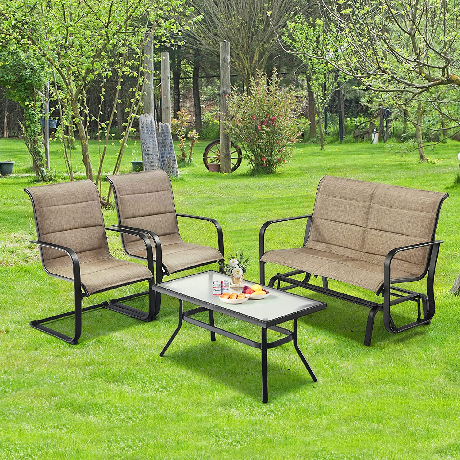4-Piece Outdoor Metal Patio Conversation Set with Padded Glider Loveseat and Coffee Table