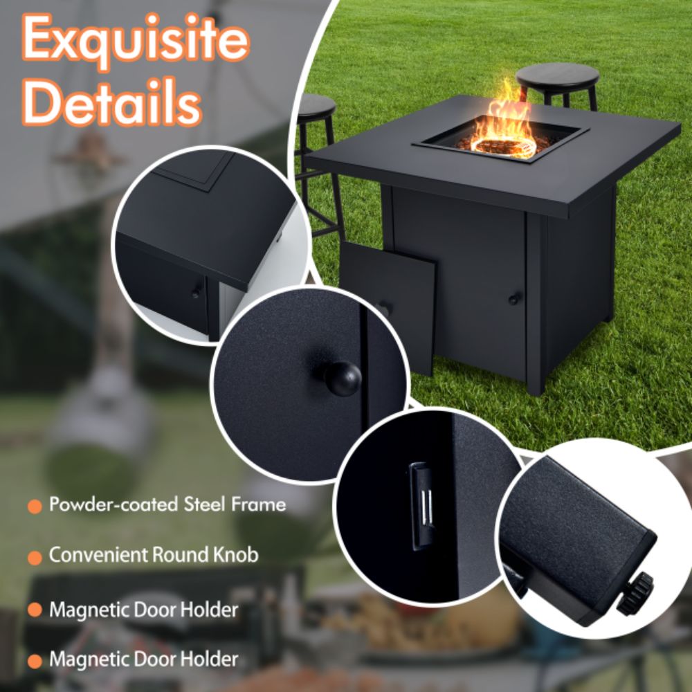 32 in. Outdoor Steel Square Propane Gas Fire Pit Table with Lid and Fire Glass