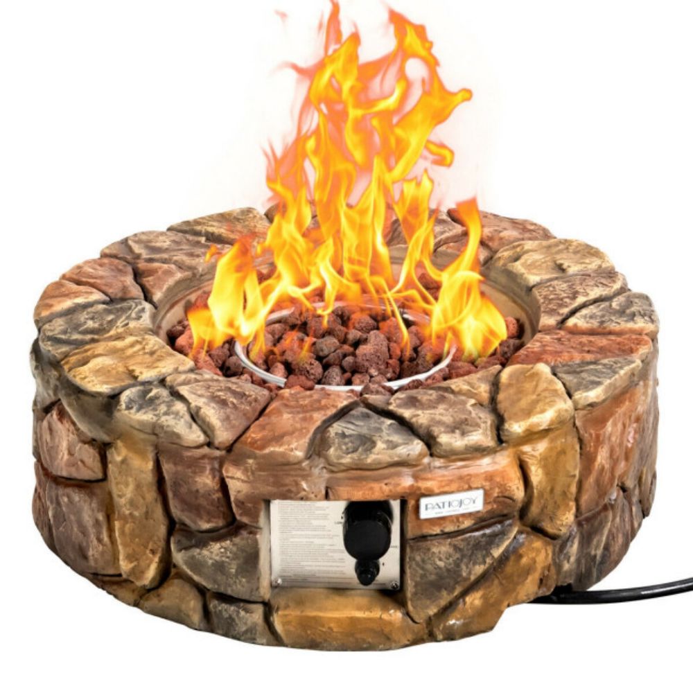 28 in. W X 9.5 in. H Outdoor Round Stone Gas Fire Stove Pit in Brown