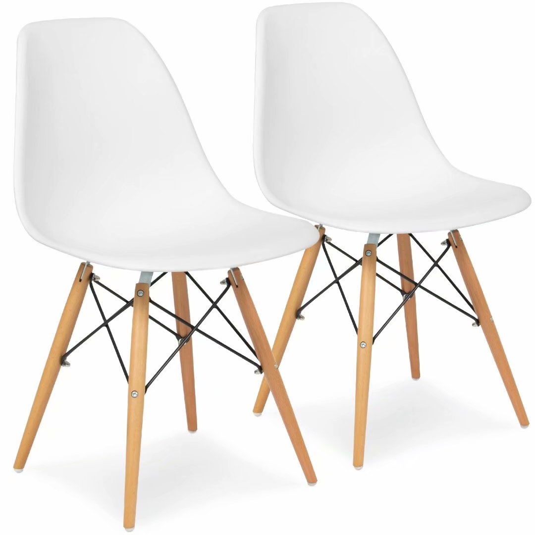 Set of 4 Mid Century Modern Dining Chairs w/ Wood Legs, Molded Plastic Shell - White