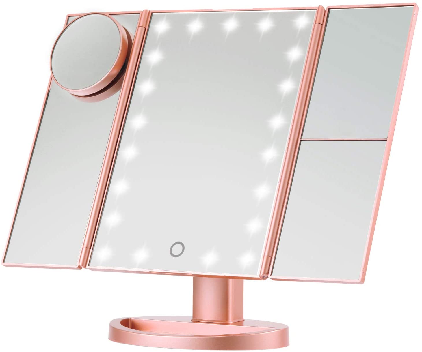 SUGIFT Makeup Mirror Vanity Mirror with 22 LED Lights, 1x 2X 3X 10X Magnification, Lighted Makeup Mirror, Touch Control, Trifold Makeup Mirror(Rose Gold)
