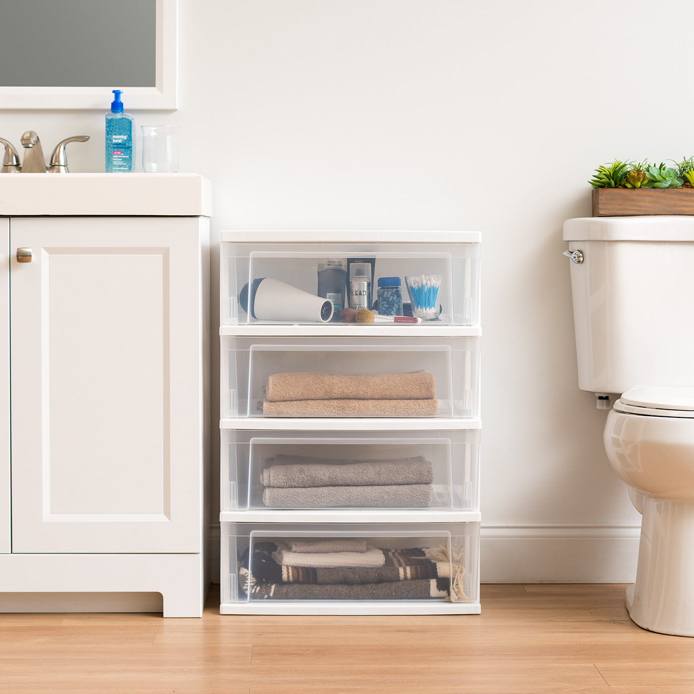 4 Drawer Wide Plastic Storage Tower, White/Clear