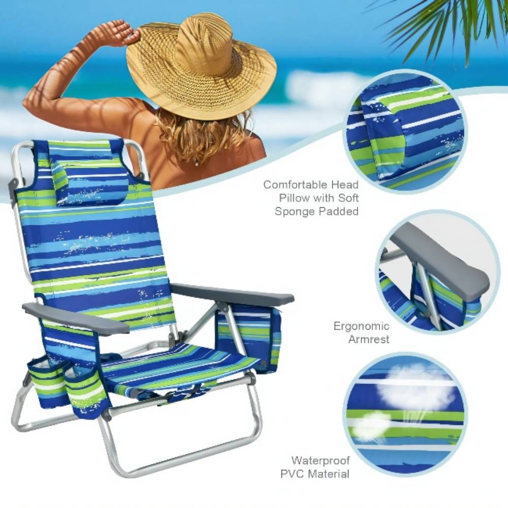 Outdoor Folding Backpack Beach Table Chair Reclining Chair Set (2-Pack)