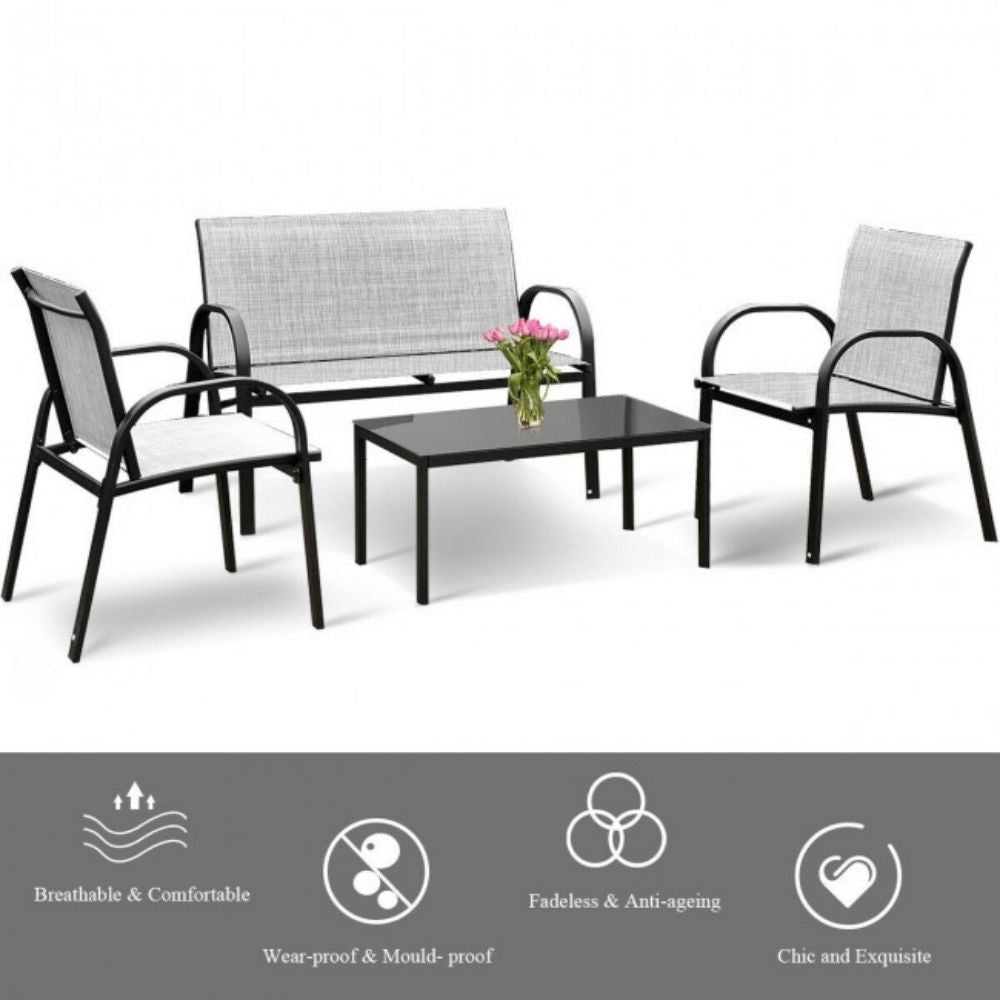 Gray 4-Piece Metal Furniture Patio Conversation Set with Glass Top Coffee Table