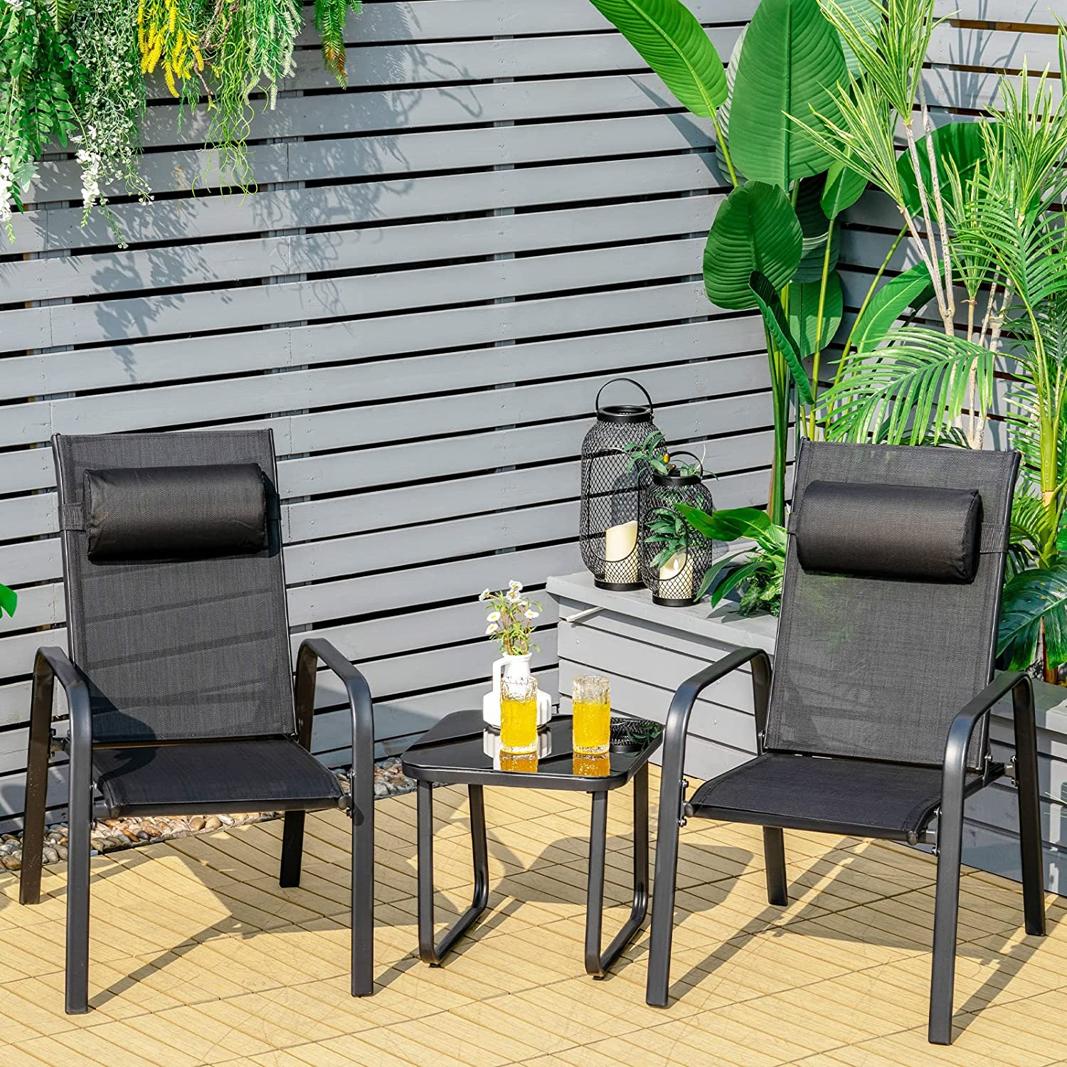 Black 3-Pieces Metal Stackable Outdoor Patio Bistro Conversation Set with Adjustable Backrest