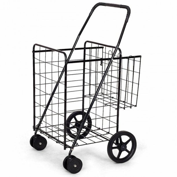 SUGIFT Folding Shopping Cart with Swiveling Wheels and Dual Storage Baskets