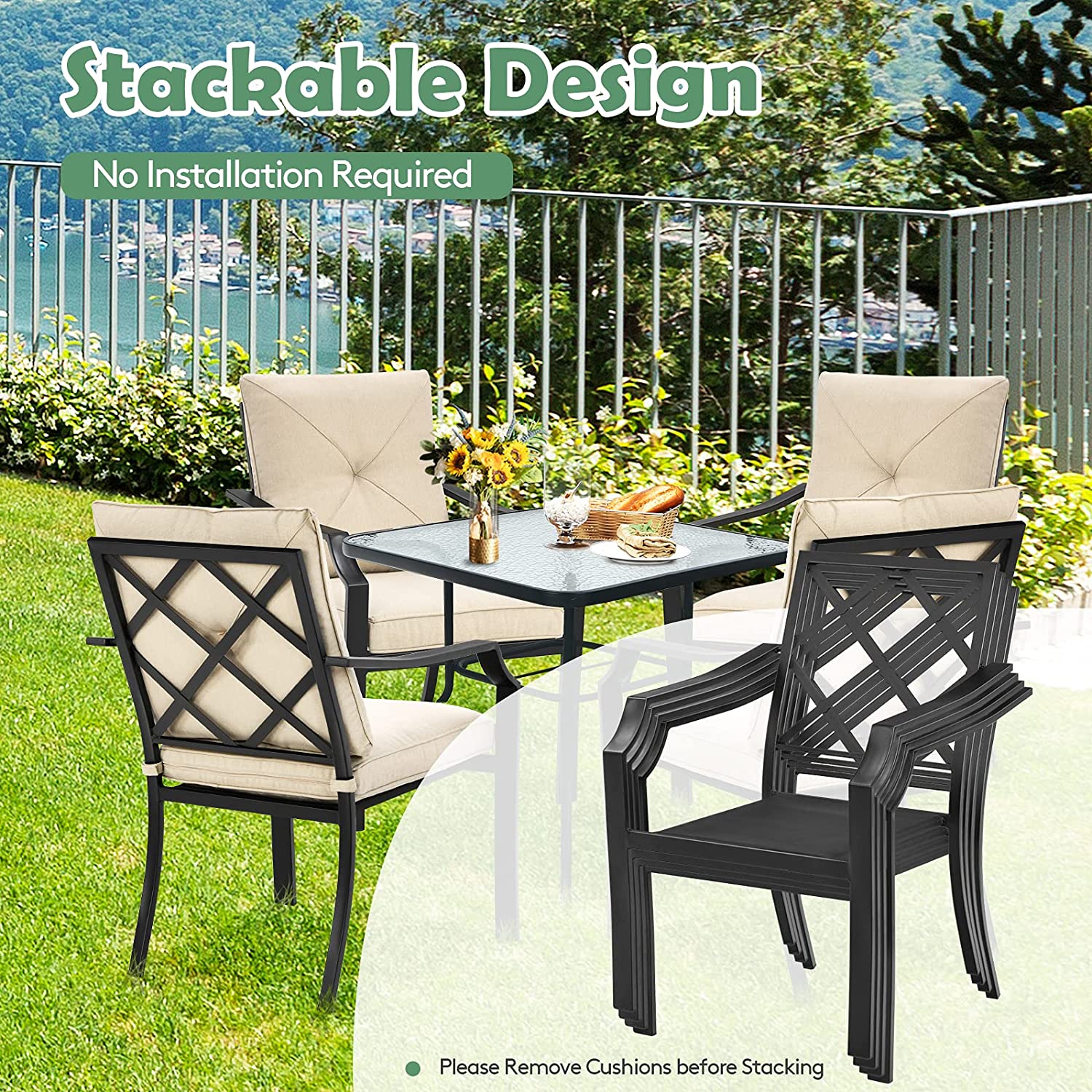 4-Pieces Steel Outdoor Dining Chairs with Removable Beige Cushions
