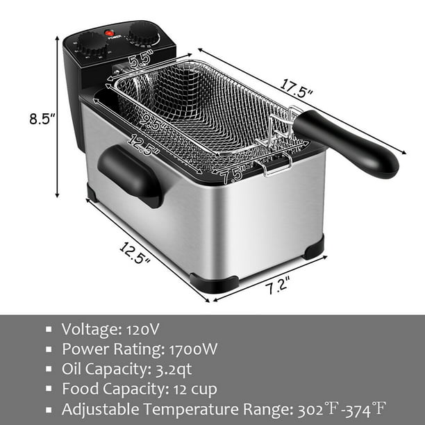 SUGIFT 3.2 Quart Electric Deep Fryer 1700W Stainless Steel Timer Frying Basket