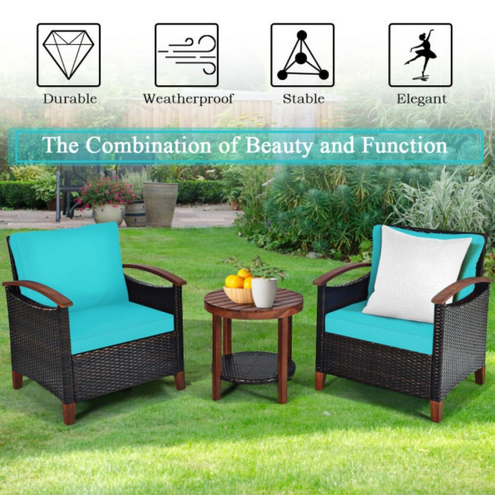 3-Pieces Outdoor Wicker Wooden Frame Patio Conversation Furniture Set with Turquoise Cushion