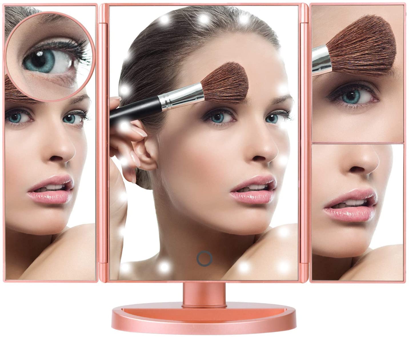 SUGIFT Makeup Mirror Vanity Mirror with 22 LED Lights, 1x 2X 3X 10X Magnification, Lighted Makeup Mirror, Touch Control, Trifold Makeup Mirror(Rose Gold)