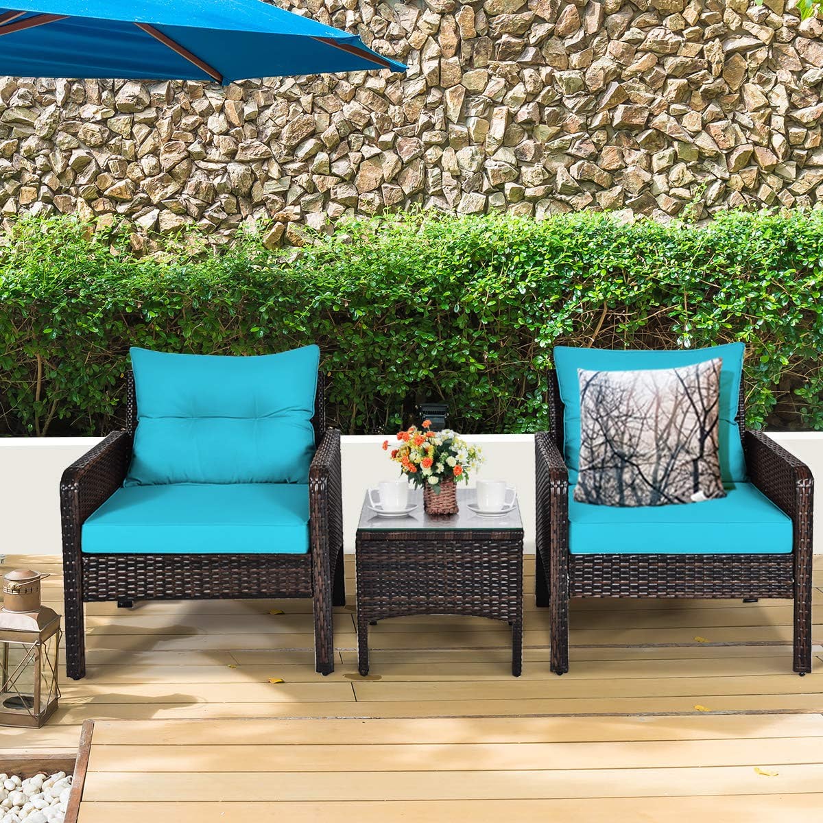 3-Pieces Outdoor Wicker Patio Conversation Furniture Set with Turquoise Cushion