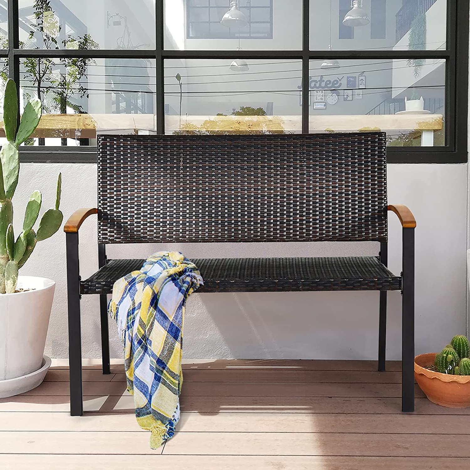 45 in. Outdoor Patio Rattan Wicker Bench with Acacia Armrest