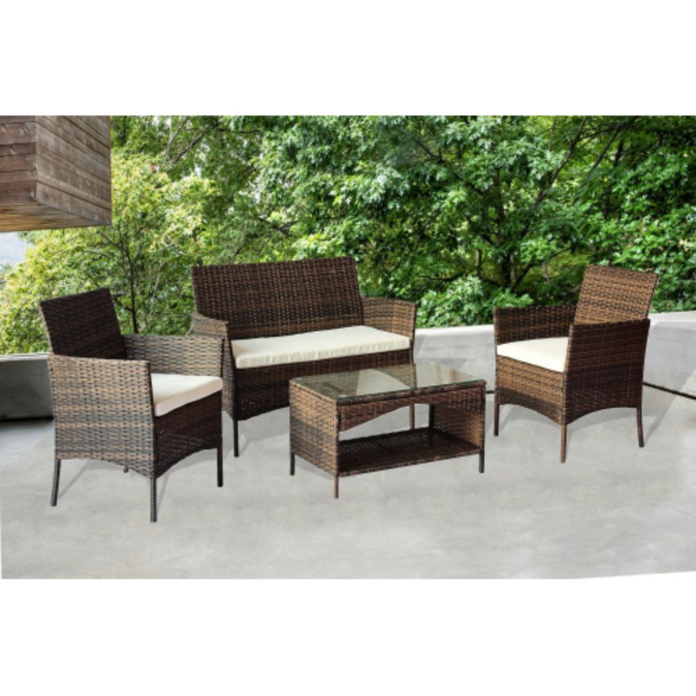 4-Piece Rattan Outdoor Conversation Seating Set with White Cushions and Patio Tempered Glass Table