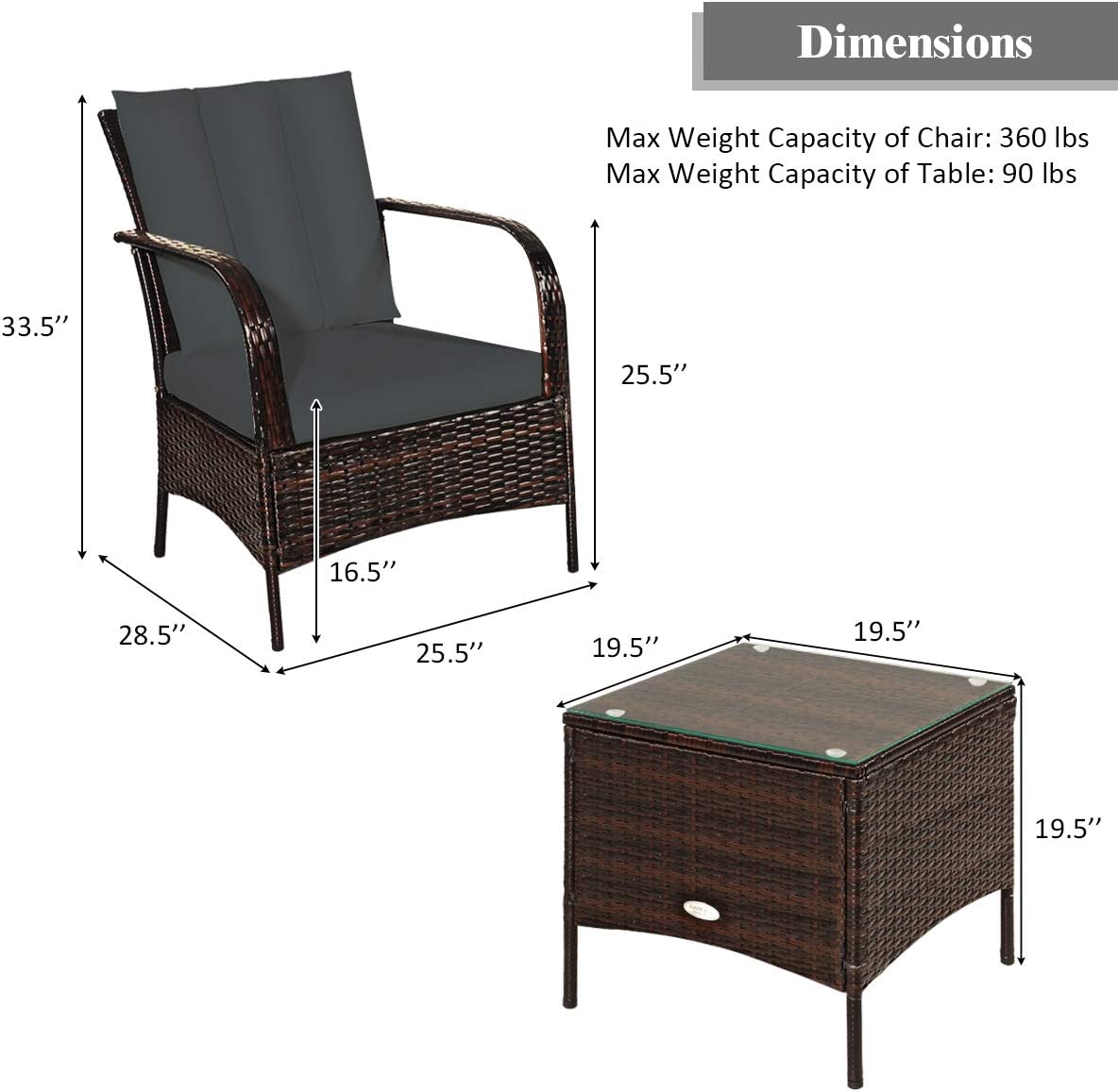 3-Pieces Outdoor Wicker Patio Conversation Furniture Set with Gray Cushion